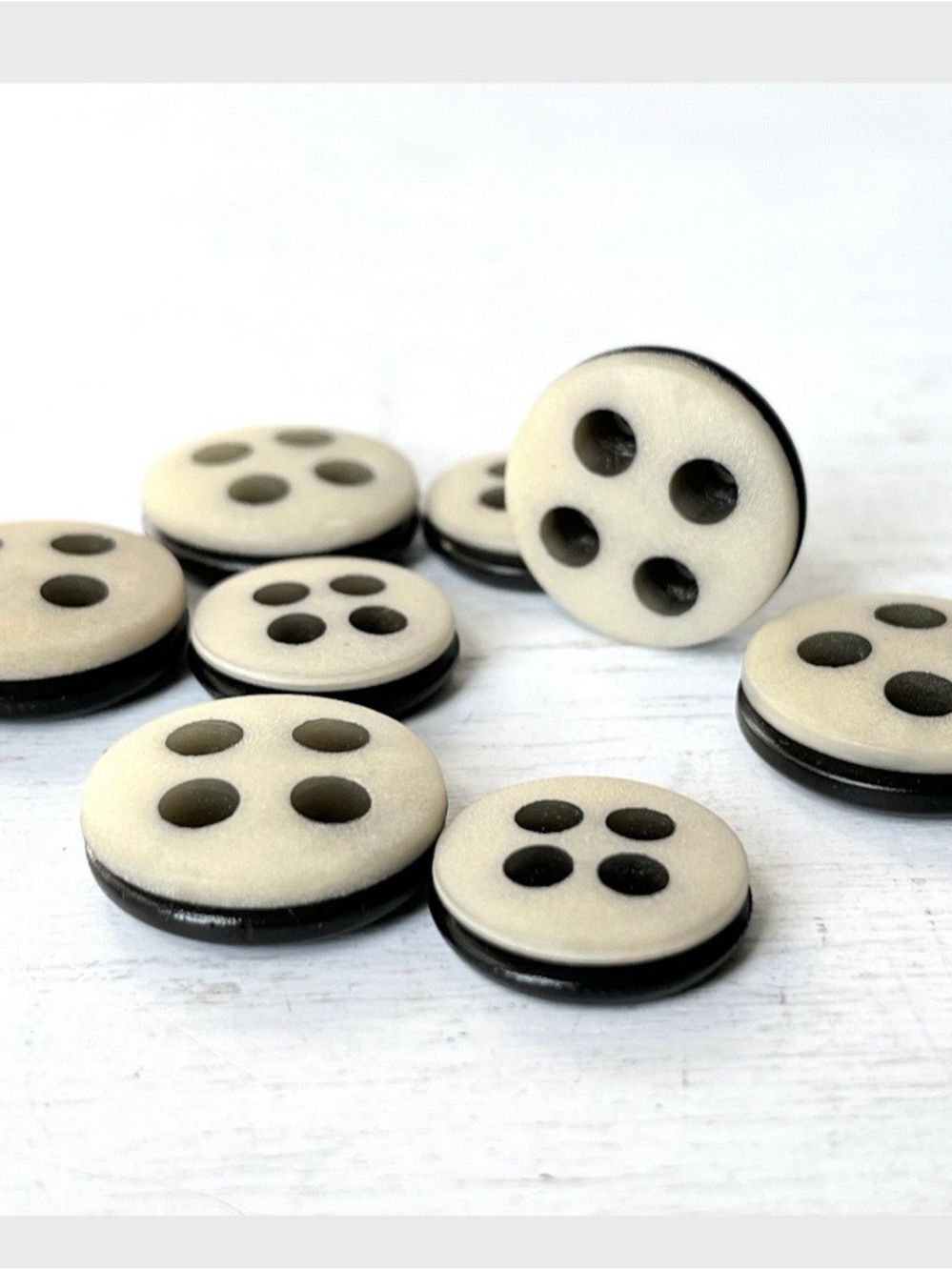 8 Unusual Vintage Round Plastic 4 hole Buttons w Groove Off White/Black Sanded F